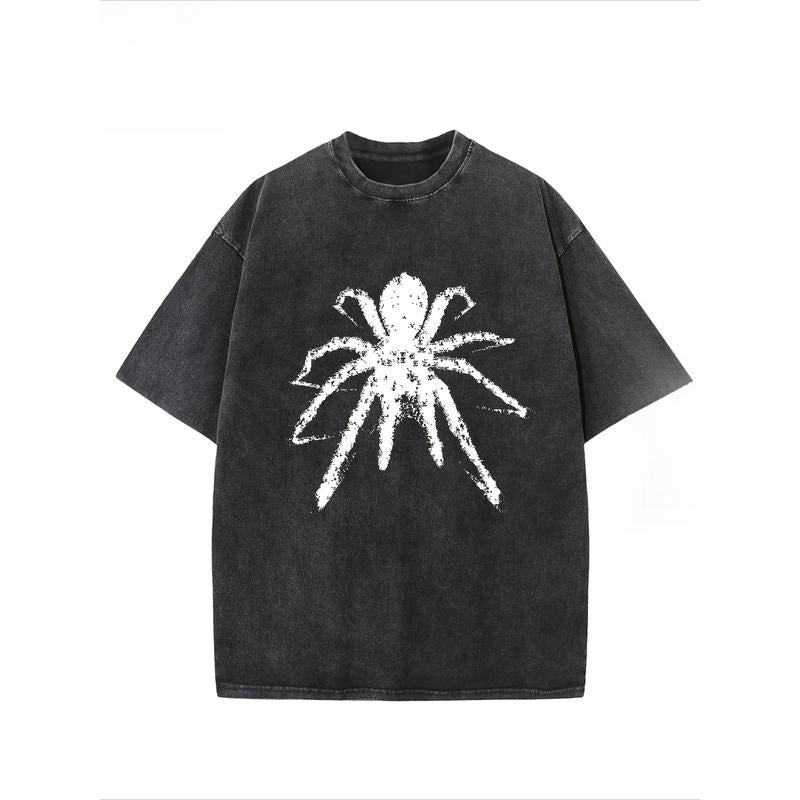 "Spider" Creative Pattern Printing Heavy 230g Pure Cotton Oversized Drop Shoulder T-shirt Washed T-shirt Retro Street T-shirt Basic T-shirt Loose Hip-hop Unisex Top Acid Wash T-shirt