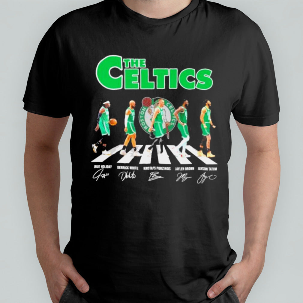 The Boston Celtics Abbey Road Holiday White Porzingis Brown And Tatum Signatures Shirt