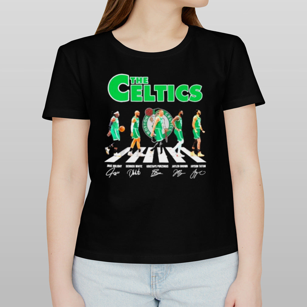 The Boston Celtics Abbey Road Holiday White Porzingis Brown And Tatum Signatures Shirt