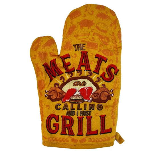 The Meats Are Calling And I Must Grill Oven Mitt Funny Backyard Bar-B-Que BBQ Kitchen Glove Funny Graphic Kitchenwear Funny Food  Novelty Cookware Yellow