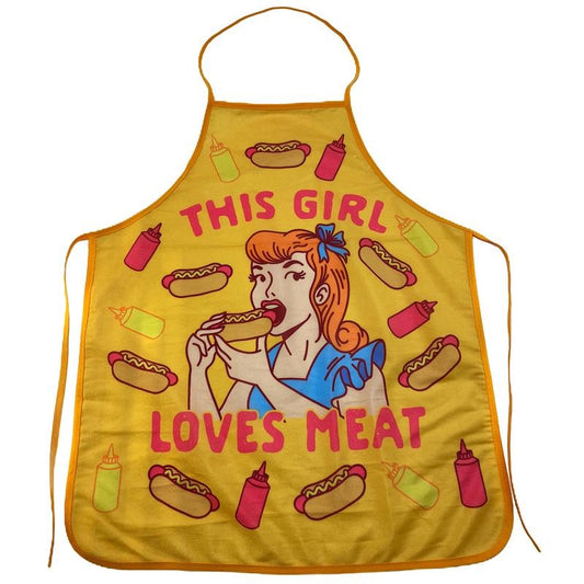 This Girl Loves Meat Apron Funny Hot Dog Backyard Bar-B-Que Grilling Kitchen Smock Funny Graphic Kitchenwear Funny Food  Novelty Cookware Navy