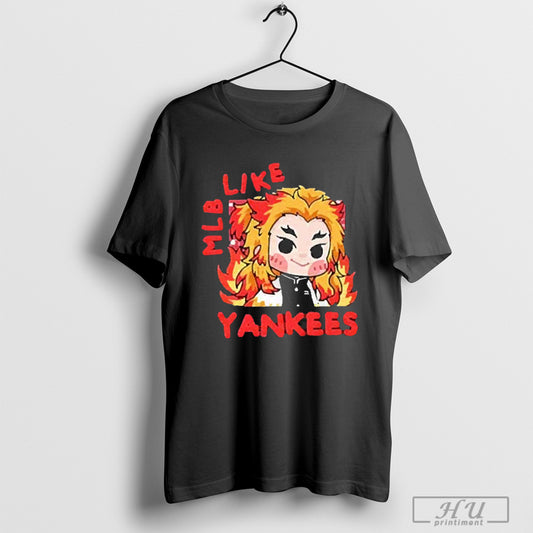 Trendy Kimetsu No Yaiba Anime Kyojuro Rengoku New York Yankees Mlb X Demon Slayer 2025 T Shirt