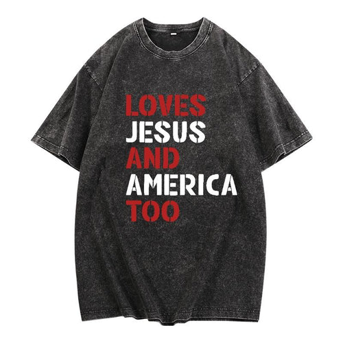 "Trendy Washed Men's T - Shirt for Expressing Devotion, with 'Loves Jesus and America Too' in a Bold, Retro