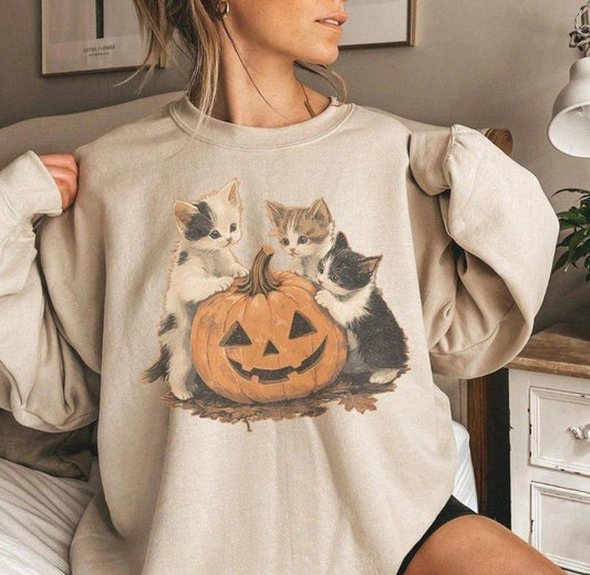 Vintage Cat Halloween Sweatshirt, Retro Halloween T-Shirt, Spooky Season Shirt, Pumpkin Shirt, Gift For Cat Lover