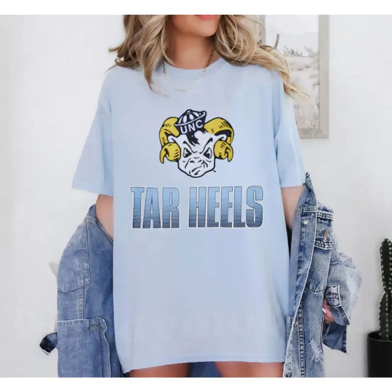 Vintage Men's Mitchell & Ness Carolina Blue North Carolina Tar Heels T-Shirt, Football Shirt, Vintage Football Shirt, Game Day Shirt Fitted