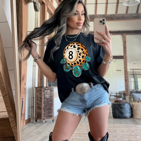 Vintage Turquoise Leopard 8 Ball, Graphic Crewneck Sweatshirt, cowgirl outfits, western clothing, western tops outfits women, country concert outfits clothing, rodeo outfit women shirt hoodie