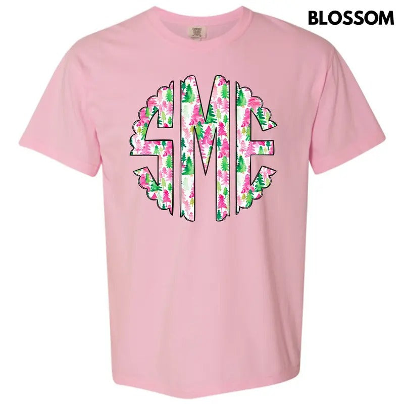 Watercolor Christmas Monogram Comfort Colors T-Shirt 'NLB' Hoodie Sweatshirt | TeeSparky.com