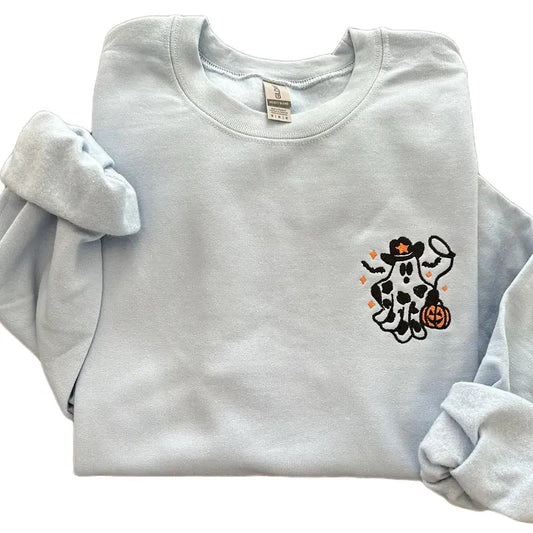 Western Ghost with Lasso Halloween Embroidered Crewneck Sweatshirt Comfort