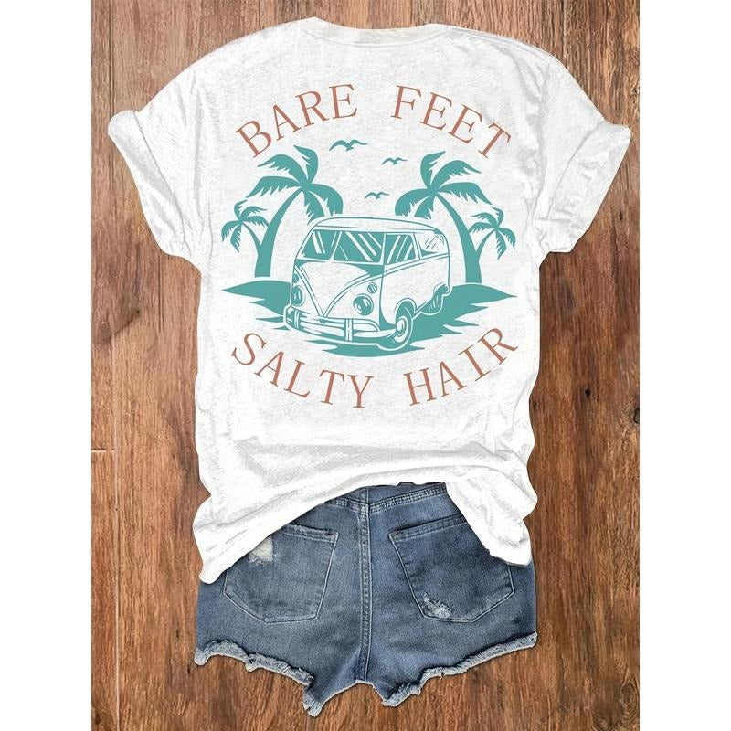 Women'S "Bare Feet Salty Hair" Graphic T-Shirt - Casual Round Neck, Short Sleeve Top with Van & Palm Tree Design, Machine...