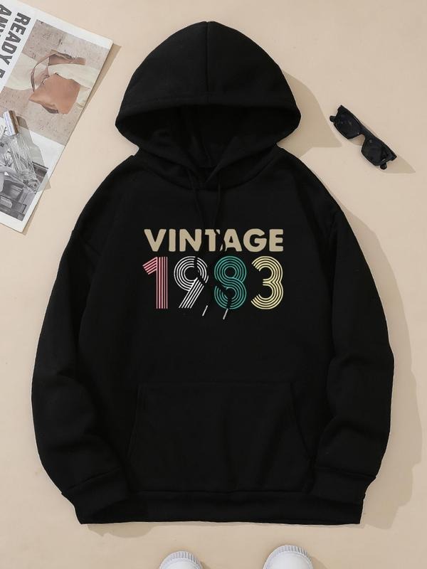 Women's "1983" Figure & Letter Print Drop Shoulder Hoodie, Fashion Casual Drawstring Pocket Hooded Sweatshirt for Daily...