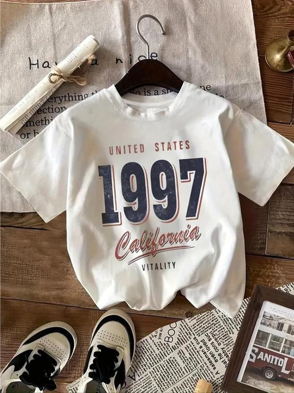 Women's "1997" & Letter Print Round Neck Tee, Casual Short Sleeve Crew Neck T-Shirt for Summer, Fashion Women's Top for...