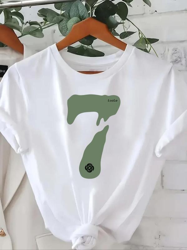 Women's "7" Figure Print Round Neck Tee, Casual Short Sleeve T-shirt for Daily Wear, Ladies Summer Outfits 2024 Hoodie...