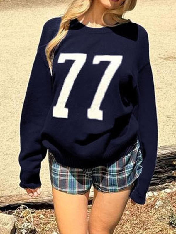 Women's "77" Figure Print Drop Shoulder Sweater, Casual Long Sleeve Round Neck Jumper for Daily Wear, Ladies Knitwear for...