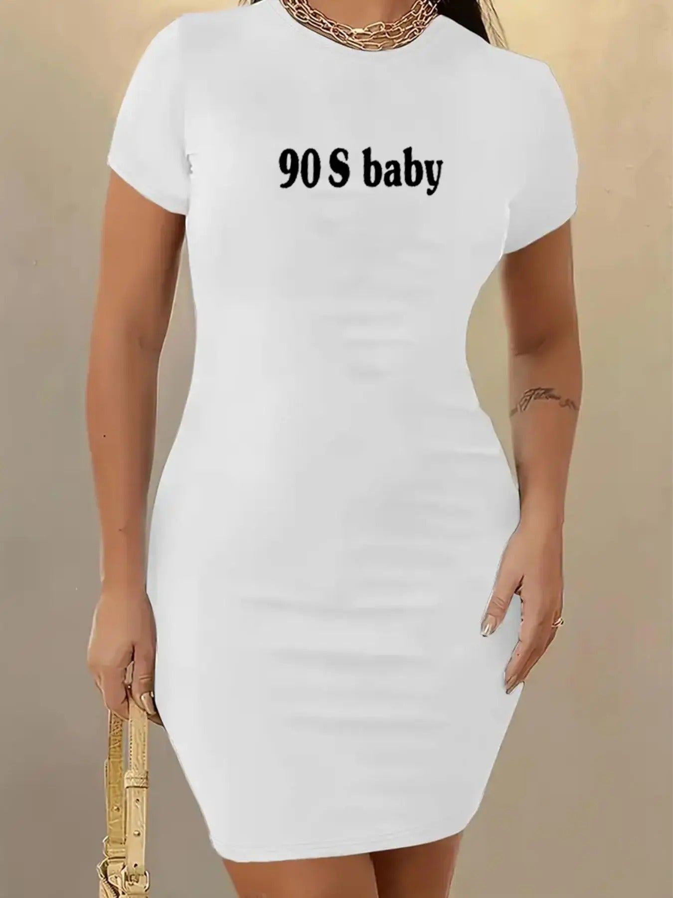 Women's "90 S baby" Print Round Neck Tee Dress, Casual Short Sleeve Crew Neck Bodycon Dress for Summer, Fashion Women's...