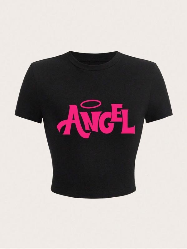 Women's "ANGEL" Letter Print Round Neck Crop Tee, Casual Short Sleeve Crew Neck T-Shirt for Summer, Fashion Women's Top...