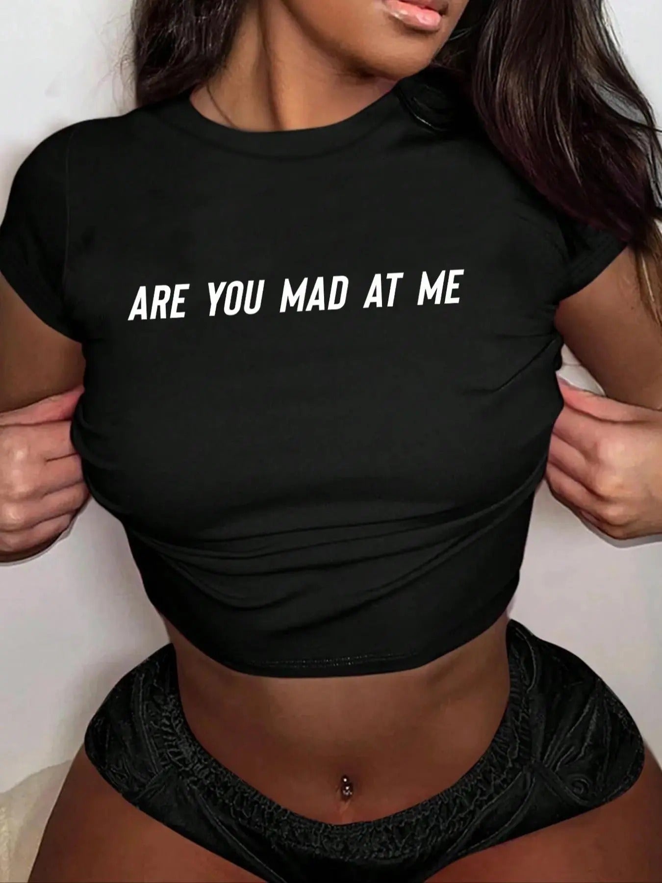 Women's "ARE YOU MAD AT ME" Letter Print Round Neck Crop Tee, Vintage Trendy Casual Short Sleeve T-shirt for Daily Wear,...