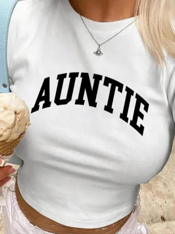 Women's "AUNTIE" Print Round Neck Crop Tee, Casual Short Sleeve Crew Neck T-shirt for Summer, Fashion Women's Top for...