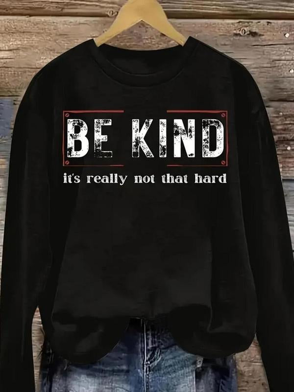 Women's "BE KIND" Letter Print Round Neck Pullover, Fashion Casual Crew Neck Long Sleeve Sweatshirt for Daily Holiday...