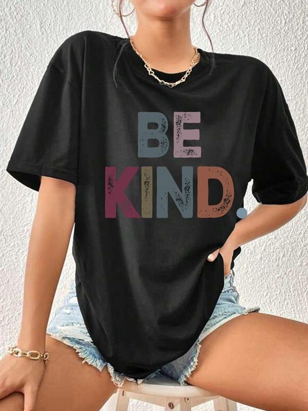 Women's "BE KIND" Slogan Print Round Neck Tee, Vintage Trendy Casual Short Sleeve T-Shirt for Daily Wear, Ladies Summer...