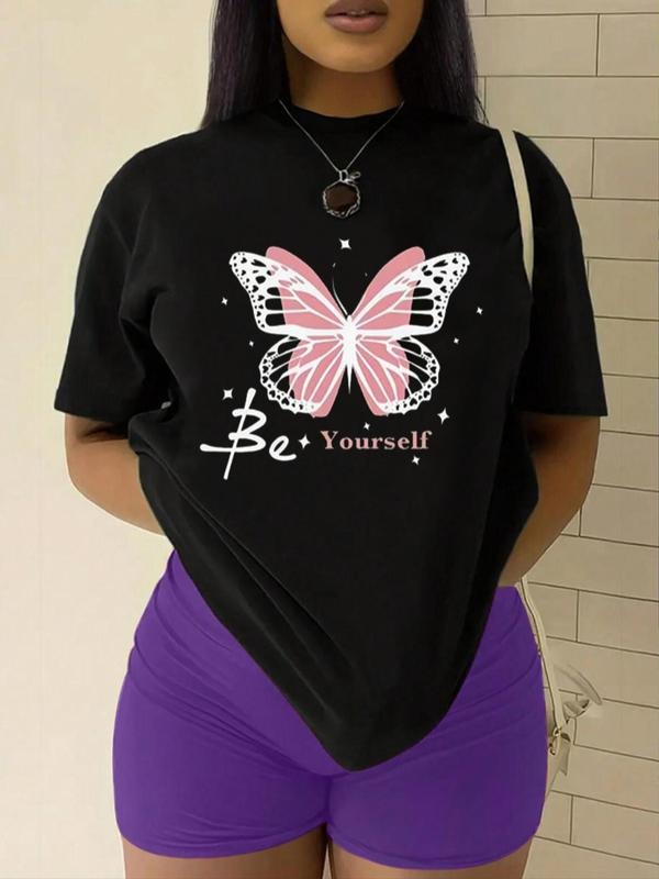 Women's "BE YOURSELF" Butterfly & Letter Print Round Neck Graphic Tee, Vintage Trendy Casual Short Sleeve T-shirt for...
