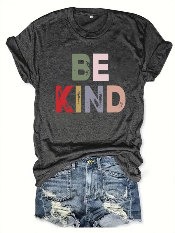 Women's "Be Kind" Letter Print Round Neck Tee, Vintage Trendy Casual Short Sleeve T-shirt for Daily Wear, Graphic Tees,...
