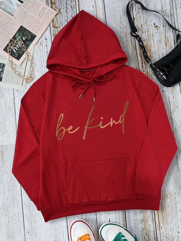 Women's "Be Kind" Slogan Print Drawstring Kangaroo Pocket Hoodie, Casual Regular Fit Long Sleeve Hooded Sweatshirt for...