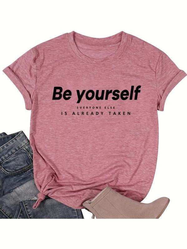 Women's "Be yourself " Slogan Print Round Neck Graphic Tee, Vintage Trendy Casual Short Sleeve T-shirt For Daily Wear,...