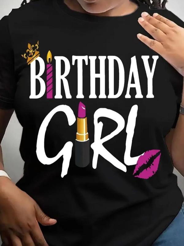 Women's "Birthday Girl" Letter Graphic Round Neck Tee, Trendy Casual Short Sleeve T-Shirt for Daily Wear, Ladies Summer...