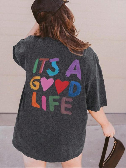 Women's "It's A Good Life" Slogan Graphic Round Neck Tee, Vintage Trendy Casual Short Sleeve T-shirt for Daily Wear,...