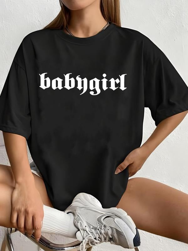 Women's "babygirl" Letter Print Round Neck Tee, Fashion Casual Drop Shoulder Half Sleeve T-Shirt for Daily Wear, Ladies...