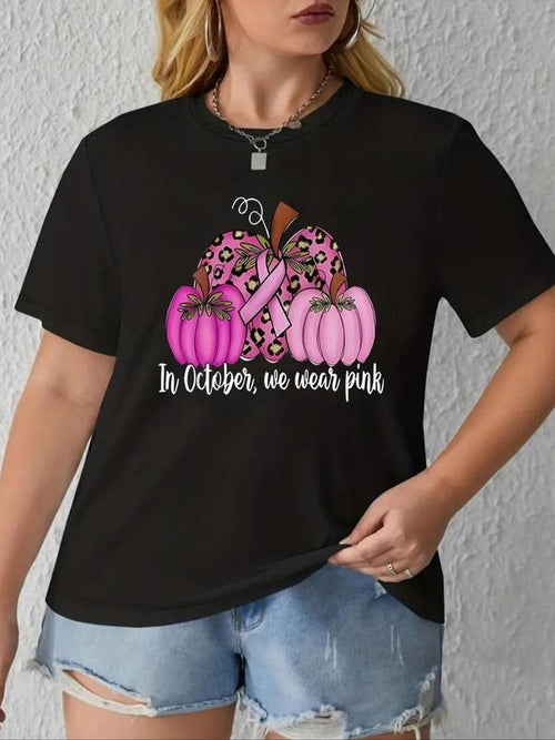 Women's "in October, We Wear Pink" Pumpkin & Letter Print Round Neck Tee, Halloween Casual Short Sleeve Crew Neck T-shirt...