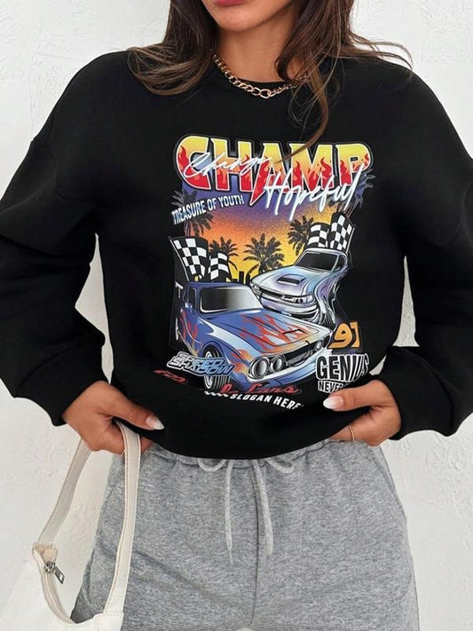 Women's Car & Letter Print Drop Shoulder Sweatshirt Without Necklace, Casual Street Long-Sleeve Round Neck Pullover For Daily Wear, Ladies Fall & Winter Clothes