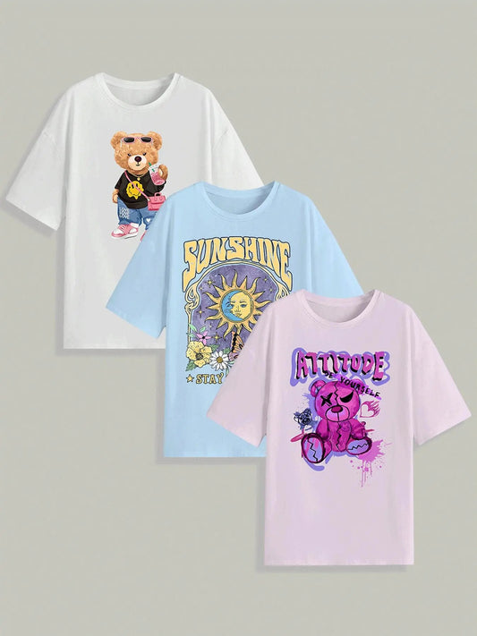 Women's Cartoon Bear & Floral & Letter Print Round Neck Tee, Casual Short Sleeve Crew Neck T-shirt for Summer, Ladies Clothes for Daily Wear