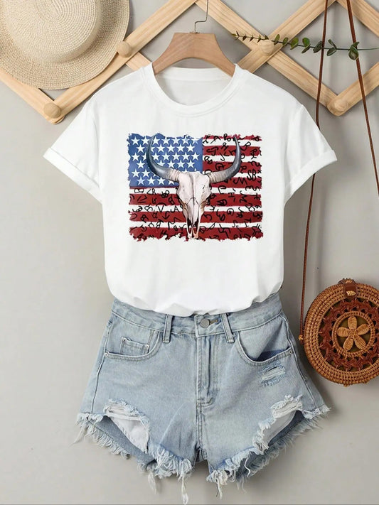 Women's Cow Print Round Neck Tee, Vintage Trendy Casual Striped & Star Print Short Sleeve T-shirt For Daily Wear, Ladies Summer Outfit