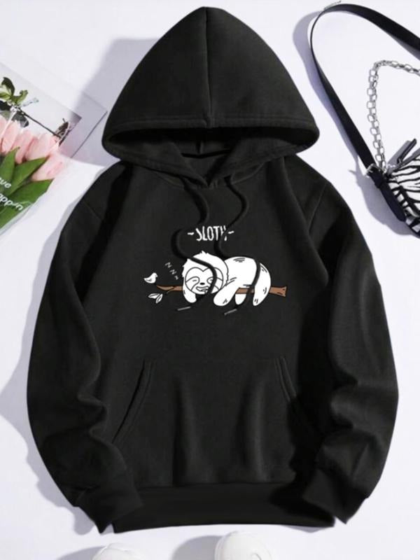 Women's Cute Cartoon Sloth Animal Print Black Hoodie, Casual Pullover Tops for Lady, Trendy Essential Drawstring Pocket...