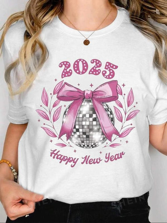Women's Disco Ball & Bowknot Print Round Neck Graphic Tee, Vintage Trendy Casual Short Sleeve T-shirt for Daily Wear, Ladies Top for All Seasons