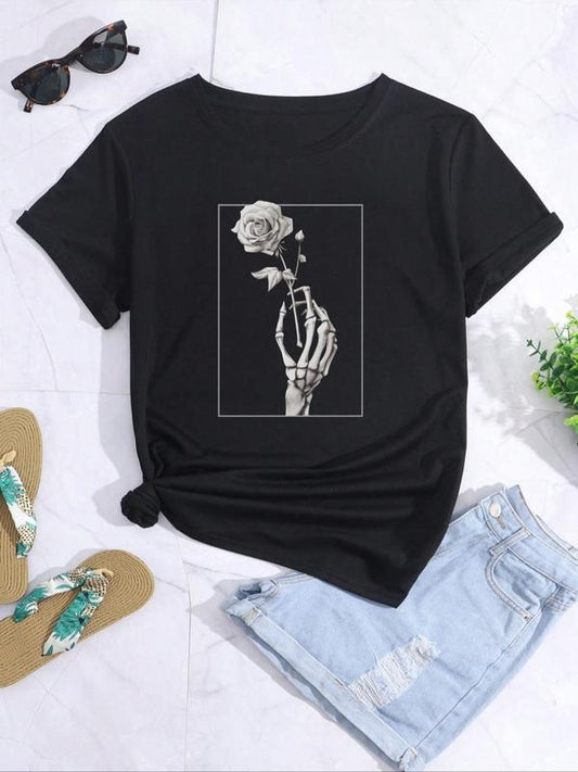 Women's Floral Graphic Print Round Neck Tee, Fashion Casual Short Sleeve T-shirt for Daily Wear, Ladies Clothes for Summer