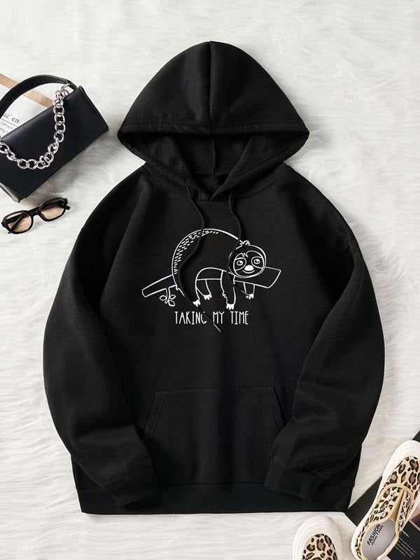 Women's Letter & Sloth  Print Drop Shoulder Hoodie, Fashion Casual Drawstring Pocket Hooded Sweatshirt for Daily Holiday...