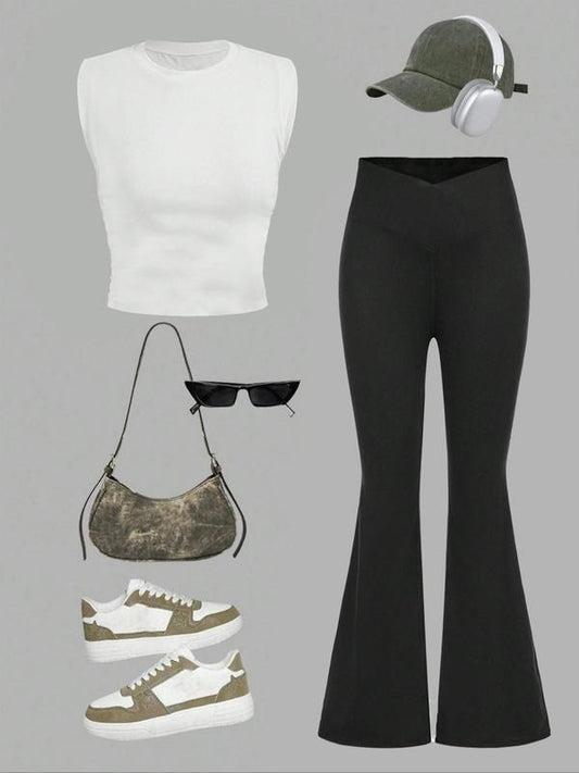 Women's Solid Tank Top & Wide Leg Pants Set, Casual Sleeveless Top & Palazzo Pants for Summer, Ladies Clothes for Daily Wear, Suits