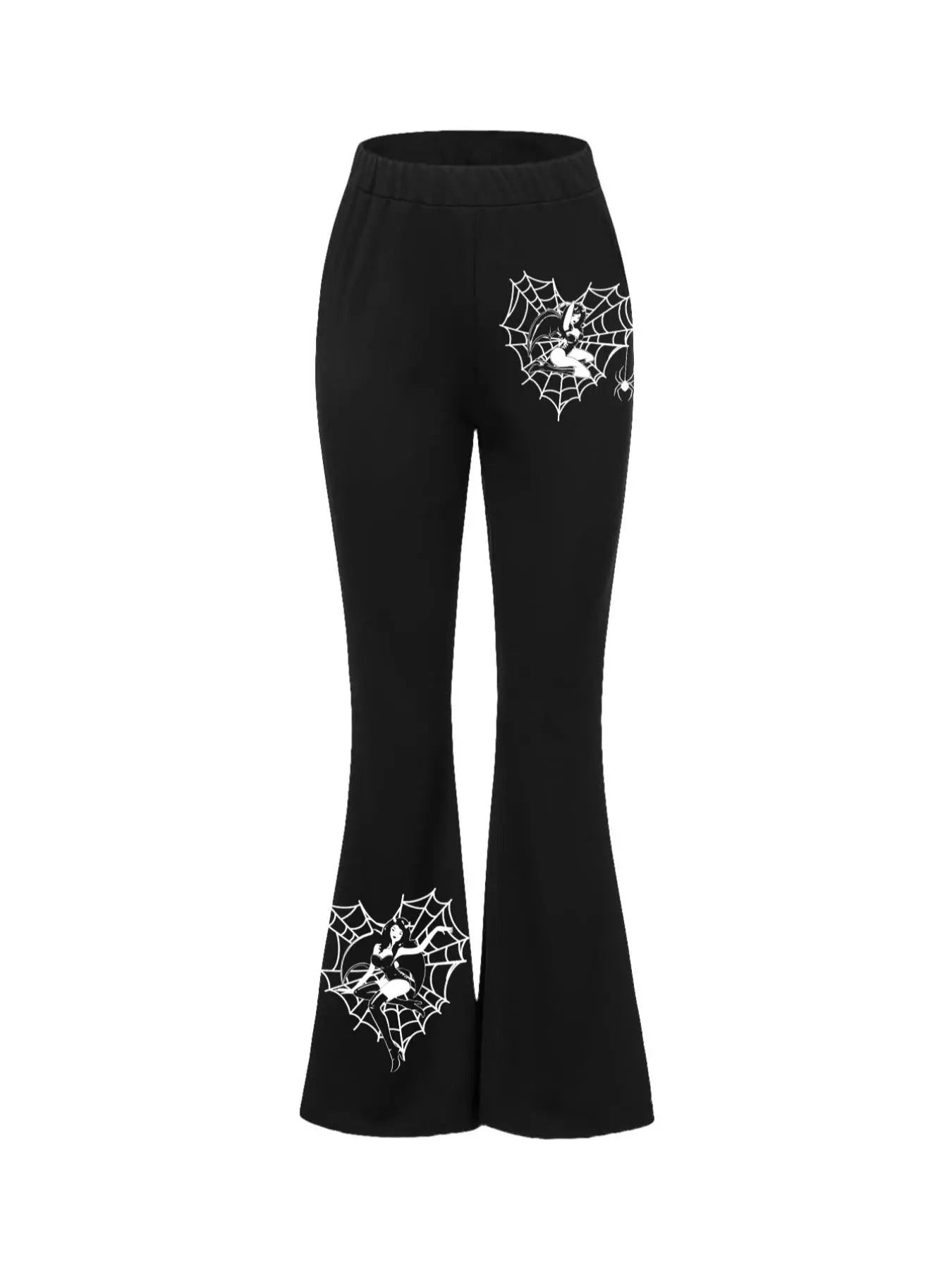 Women's Spider Web Print Flare Leg Pants, Casual Comfy Figure Graphic High Waist Bell Bottom Trousers For Daily Wear,...
