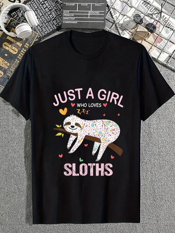 cotton Just a Girl Who Loves Sloths T-Shirt Gift For Sloths Lover T-Shirt casual Fashion graphic tees for women Hoodie...