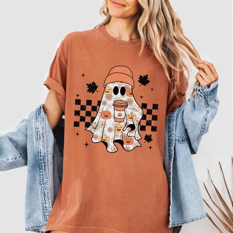 Retro Ghost T-Shirt, Fall Shirt, Shirt For Women, Retro Fall Shirt, Vintage Ghost T-shirts, Retro Halloween Shirts, Witch Shirt, Ghost Halloween Shirt, Women's Tops, Cute Tee Shirt For Autumn, Cute Fall Shirt Casual Comfort Comfortable Day