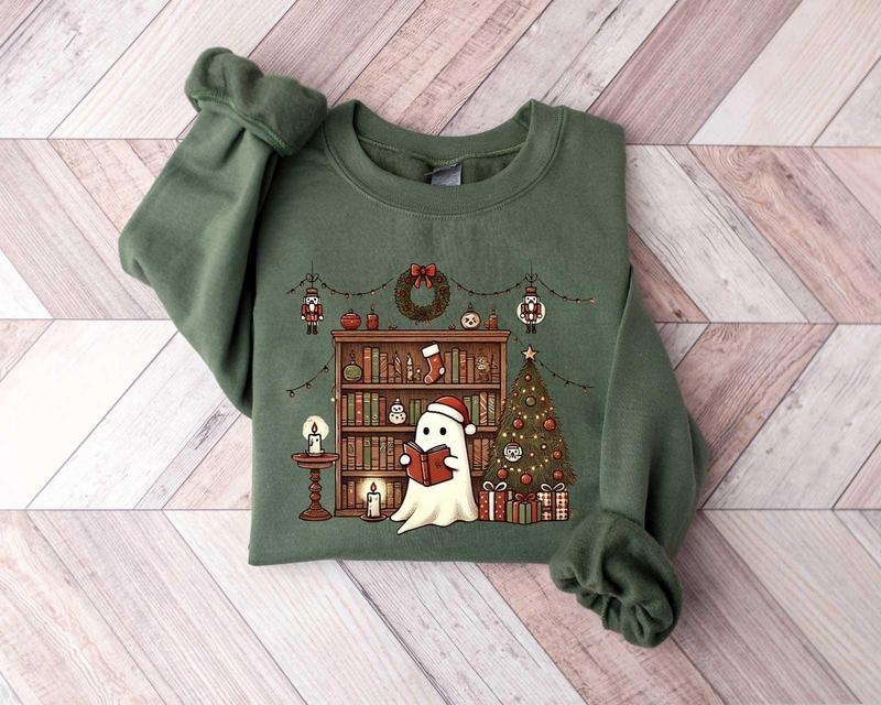 Ghost Reading Books Christmas Sweatshirt, Bookish Christmas Crewneck, Cute Ghost Xmas Shirt, Christmas Teacher... (Image 2)