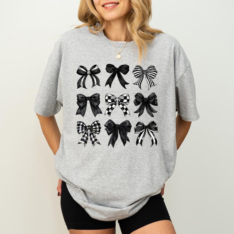 Coquette Black Checkered Bow Shirt, Dark Coquette Graphic Printed Tee, Gothic Bows Shirt Unisex Graphic