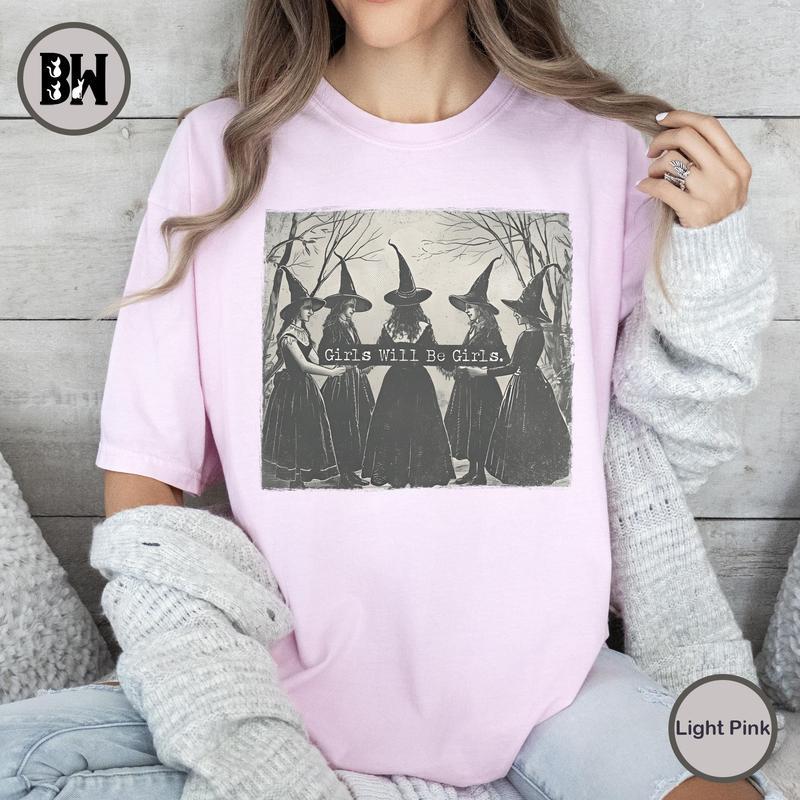 Vintage Girls Will Be Girls W.i.t.ch Shirt, Funny W.i.t.ch Vintage Shirt, Vintage Halloween Women Shirt Cotton Fabric