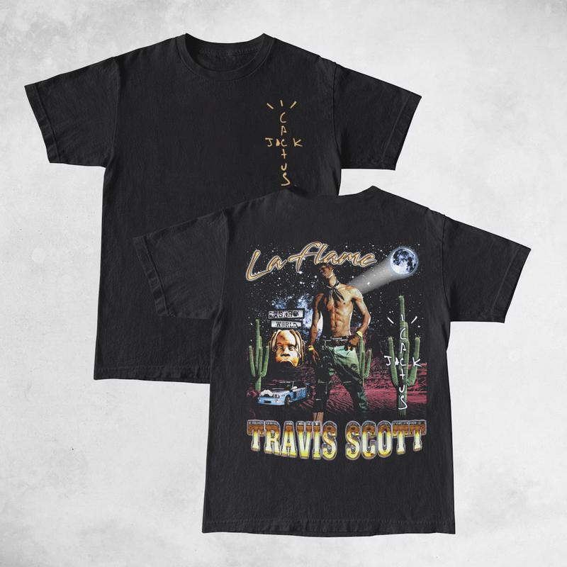 Travis La Flame Astroworld Double Sides Front And Back Premium T-Shirt Cotton Unisex Shirt Rap Shirt Rapper Rap Tee Hiphop Shirt Music Tour Merch Gift