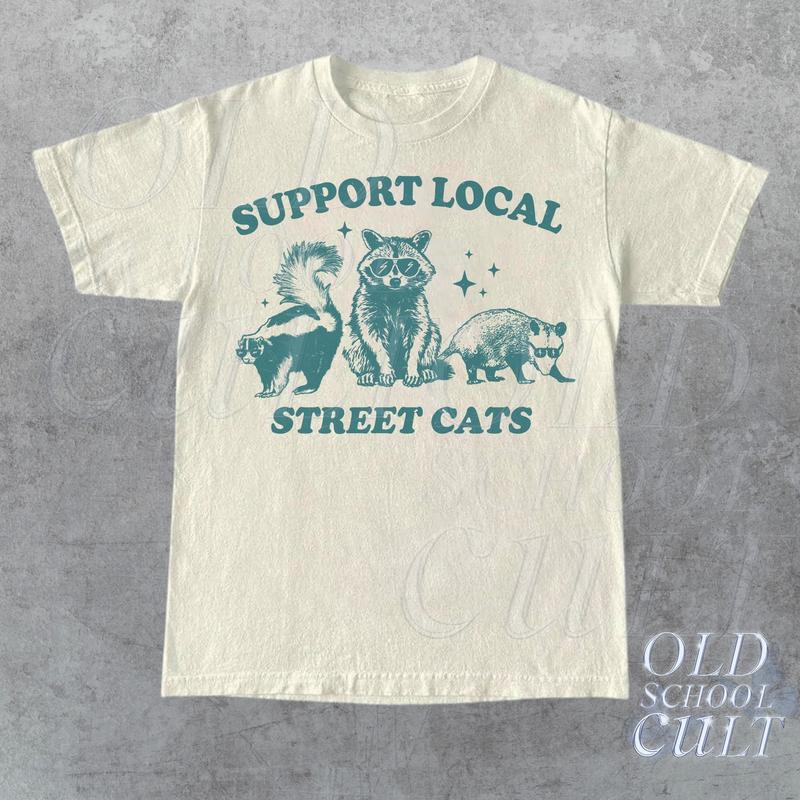 Support Your Local Street Cats Graphic T-Shirt, Retro Unisex Adult T Shirt, Vintage Raccoon T Shirt, Nostalgia T Shirt, Relaxed Cotton Tees