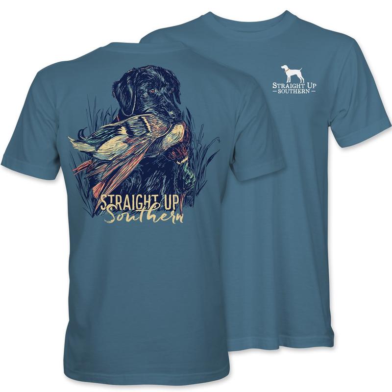 Lab With Mallard - Black Lab Retrieving Mallard T-Shirt - Indigo Classic Collar Hoodie Sweatshirt | TeeSparky.com (Image 1)
