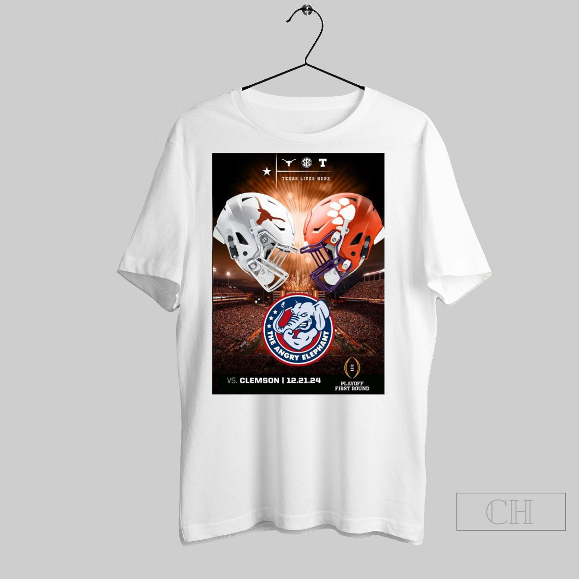Texas Longhorns Vs Clemson Tigers The Angry Elephant 12 21 24 Playoff First Round Poster T Shirt Hoodie, Sweatshirt