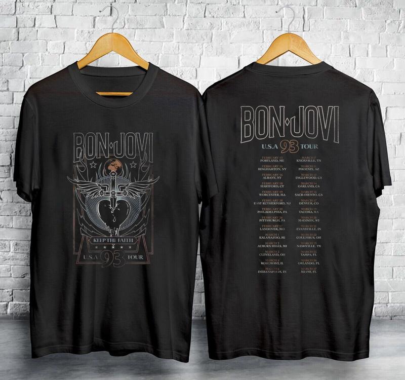 Bon Jovi Keep the Faith USA Tour 1993 Mens T Shirt Rock Band Album Concert Merch, Gift For Fan, Trendy Tee, Graphic Single Rap Hop Hip, 2024 Tour Fans
